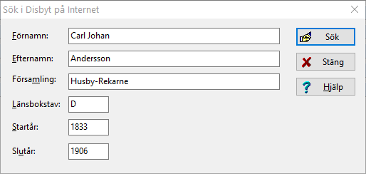 Disgen sök i Disbyt dialogruta