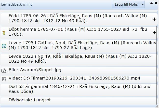 Visar en levnadsbeskrivning med 8 notiser